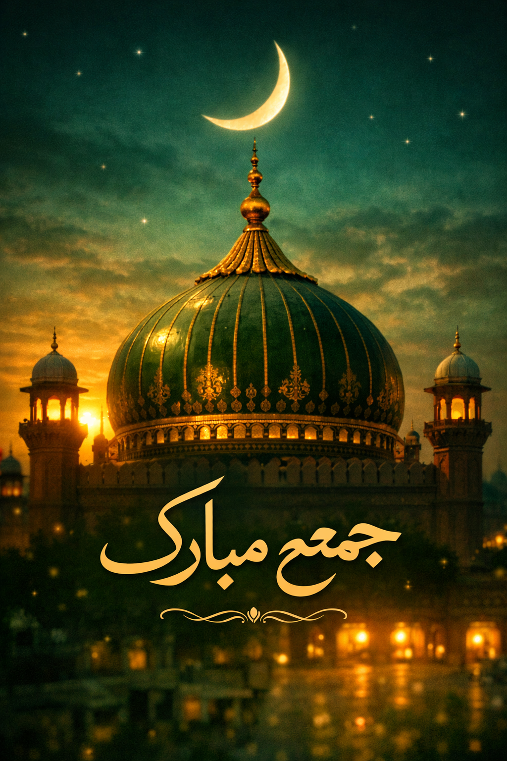 Mughal mosque dome with crescent moon in green and gold twilight for Urdu Jummah Mubarak